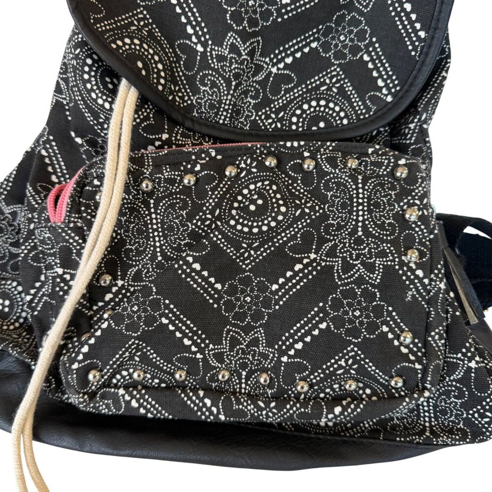 Candie's Canvas Drawstring Backpack Black Floral Dotted Purse Studded Accent - Picture 2 of 7